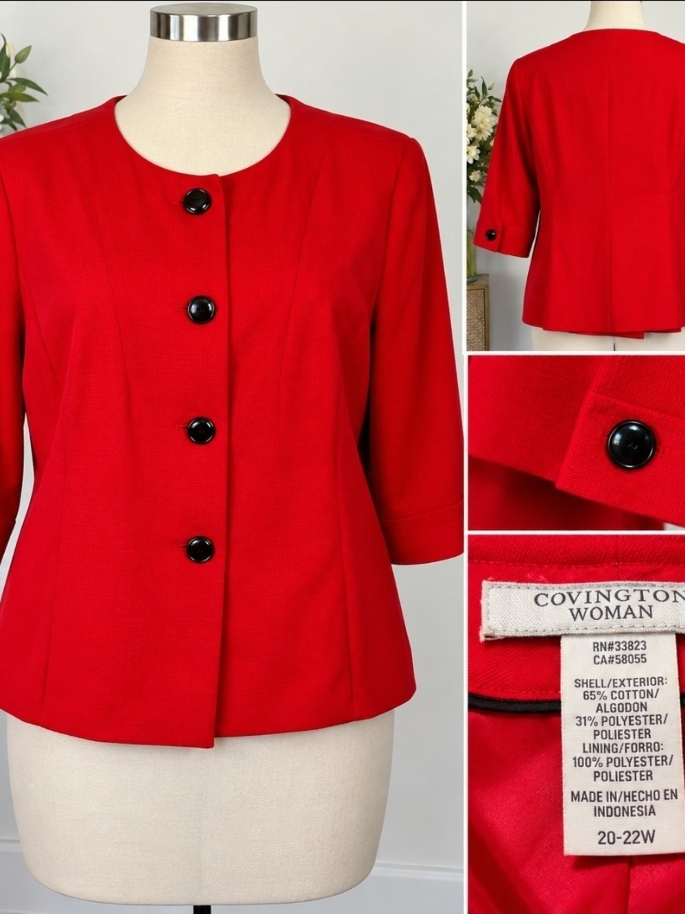 Covington Red Short-Sleeve Button Blazer with Black Buttons
